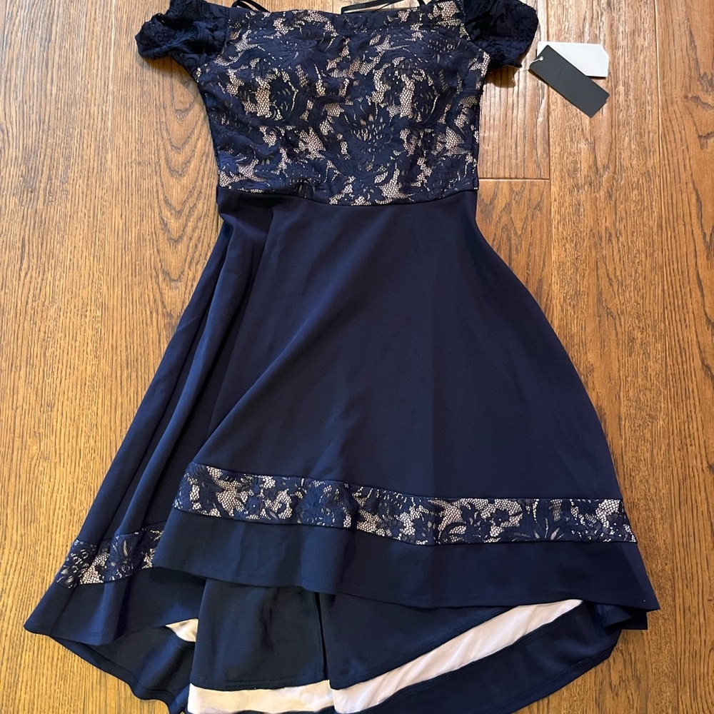 City Studio Navy Lace Overlay off the shoulder‎ Dress